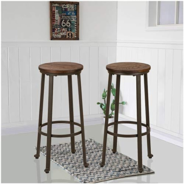 Glitzhome Rustic Steel Bar Stool Round Wood Top Dining Room Pub Height Chairs Set of 2
