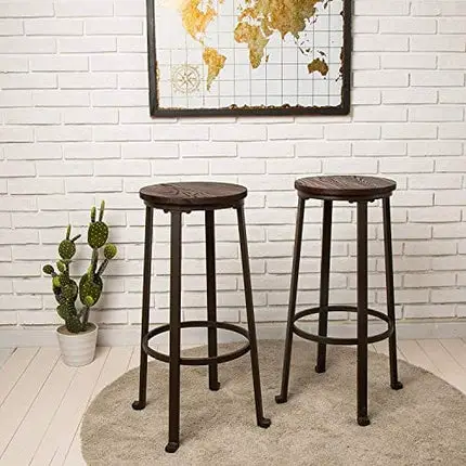 Glitzhome Rustic Steel Bar Stool Round Wood Top Dining Room Pub Height Chairs Set of 2