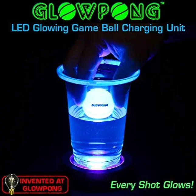 GLOWPONG Green vs Blue Glow-in-The-Dark Beer Pong Game Set for Indoor Outdoor Nighttime Competitive Fun, 12 Green vs 12 Blue Glowing Cups, 4 Glowing Balls, 1 Ball Charging Unit Makes Every Shot Glow