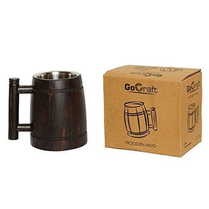 GoCraft Handmade Wooden Beer Mug with 18oz Stainless Steel Cup | Great Beer Gift Ideas Wooden Beer Tankard for Men | Vintage Bar accessories - Barrel Brown Retro Design