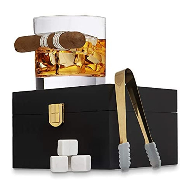 Godinger Cigar Whiskey Glass Wooden Gift Box Set with Old Fashioned Glass, Cooling Whiskey Stones and Tongs Bar Set