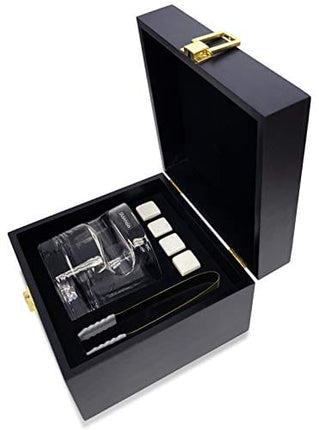 Godinger Cigar Whiskey Glass Wooden Gift Box Set with Old Fashioned Glass, Cooling Whiskey Stones and Tongs Bar Set