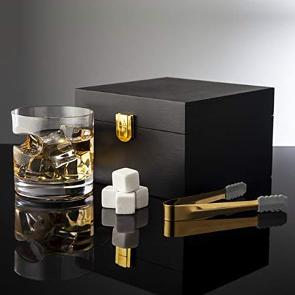 Godinger Cigar Whiskey Glass Wooden Gift Box Set with Old Fashioned Glass, Cooling Whiskey Stones and Tongs Bar Set