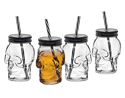 Skull Mason Jar Mug Glass Tumbler Cup with Cover and Straw - 16oz, Set of 4