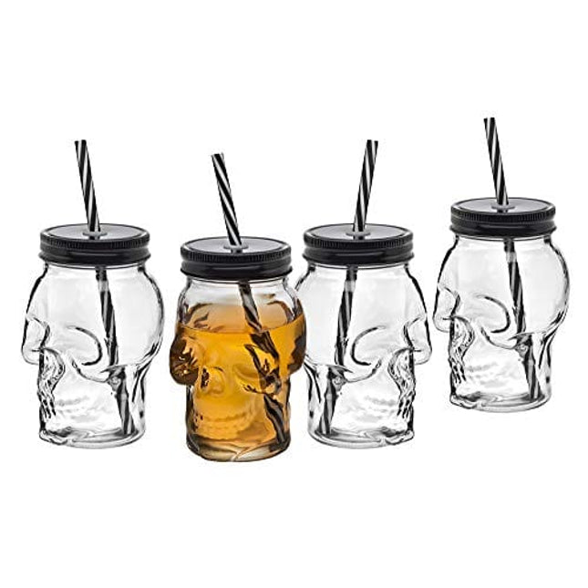 Skull Mason Jar Mug Glass Tumbler Cup with Cover and Straw - 16oz, Set of 4