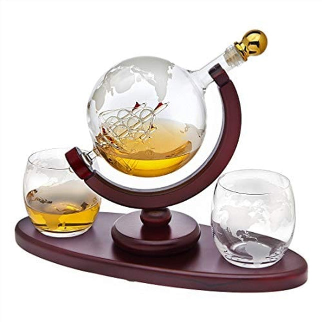 Whiskey Decanter Globe Set with 2 Etched Globe Whisky Glasses - for Liquor, Scotch, Bourbon, Vodka - 850ml