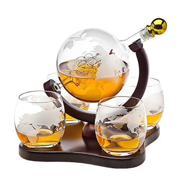 Whiskey Decanter Globe Set with 4 Etched Globe Whisky Glasses for Liquor, Scotch, Bourbon, Vodka, Gifts for Men - 850ml