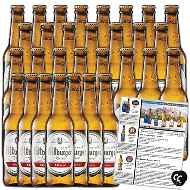Bitburger Drive Non-Alcoholic Beer 30-Pack, Award Winning Beer from Germany, 11.2oz/btl w Phone/Tablet Holder & Recipes