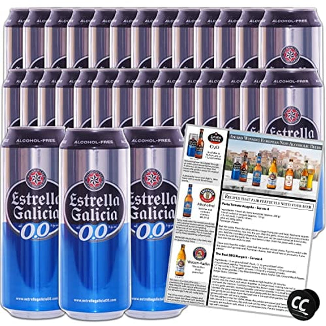 Estrella Galicia 0,0 Non-Alcoholic Beer 30 Pack, Made in Spain, 11.2oz/btl, includes Phone/Tablet Holder & Beer/Pairing Recipes