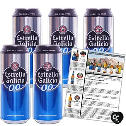 Estrella Galicia 0,0 Non-Alcoholic Beer 5 Pack, Made in Spain, 11.2oz/btl, includes Phone/Tablet Holder & Beer/Pairing Recipes