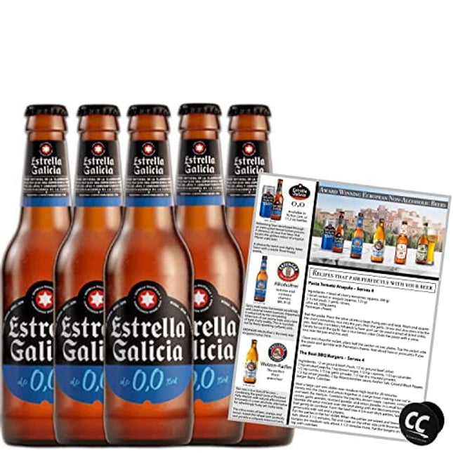 Estrella Galicia 0,0 Non-Alcoholic Beer 5 Pack, Made in Spain, 16oz/can, includes Phone/Tablet Holder & Beer/Pairing Recipes