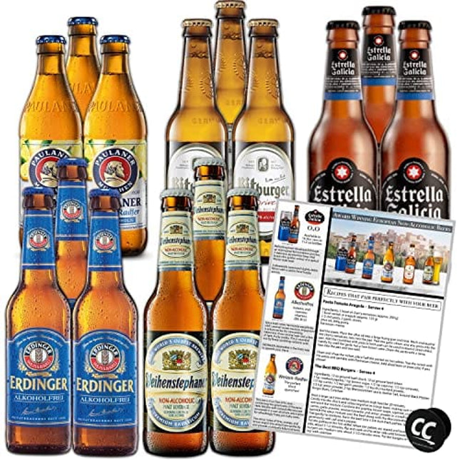 Non-Alcoholic European Beer Variety 15 Pack, Award Winning Beers from Munich, Erding, Barcelona and Bitburg w Phone/Tablet Holder & Recipes