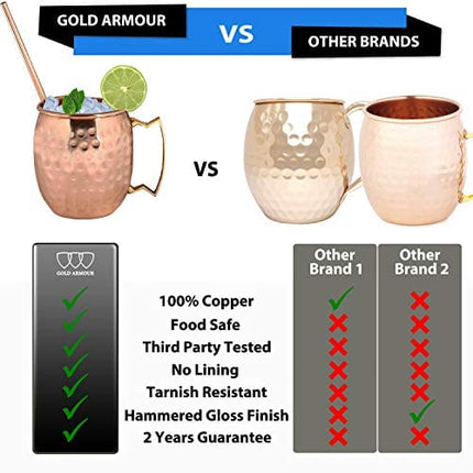 Gold Armour Moscow Mule Copper Mugs - Set of 4, 16 oz Copper Mug Cups, Great Gift Set with 4 Cocktail Copper Straws and Jigger