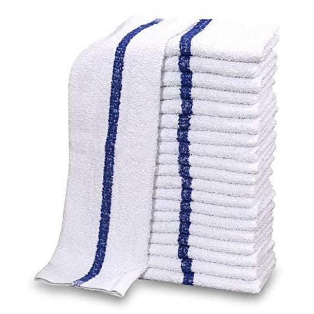 GOLD TEXTILES 12 PC New Cotton Blend White Restaurant Bar Mops Kitchen Towels 28oz (1 Dozen) (12, Blue Stripe)