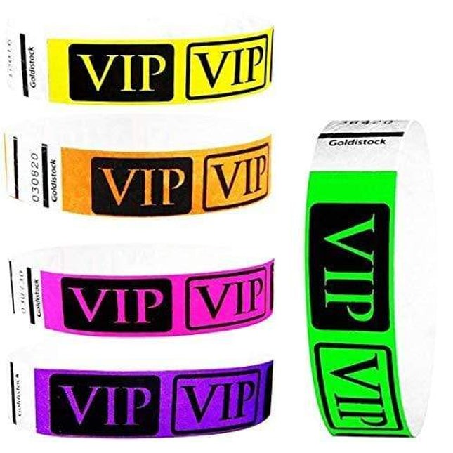 Heavier Tyvek Wristbands 7.5 Mil – Goldistock VIP 500 Count Variety Pack B – ¾” Arm Bands - 100 Each: Neon Green, Yellow, Pink, Orange & Purple Paper-Like Party Armbands - Wrist Bands Events