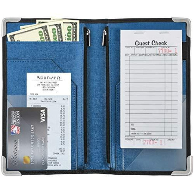 GOLGINO Server Book for Waitress & Waiter 9” x 5”, Two Zipper Pockets & ID Holder, Premium Receipt Organizer Wallet Fits Aprons, 11 Money Pockets Perfect for Server Banking (Black/Blue)