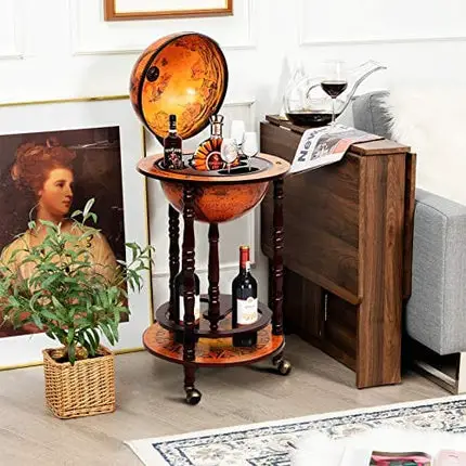 Goplus 17.5” Globe Bar, Wood Globe Bar Cart with Wheels & Liquor Bottle Shelf, 16th Century Italian Replica Liquor Cabinet, Globe Wine Bar Stand for Living Room, Dining Room, Home (Retro Brown)