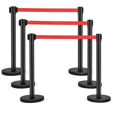 Goplus 6Pcs Stanchion Post Crowd Control Barrier with 6.5' Retractable Belt, Stainless Steel Stanchion Posts Queue Pole, 35" Height, Easy Connect Assembly (Red)