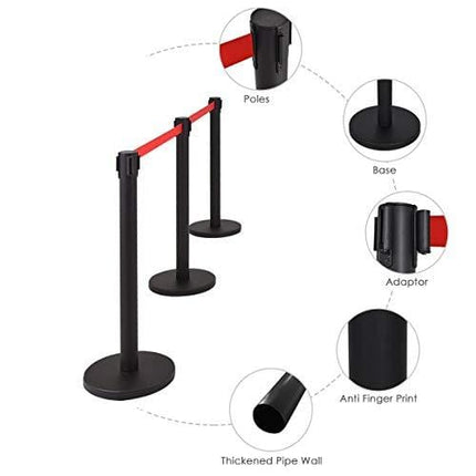 Goplus 6Pcs Stanchion Post Crowd Control Barrier with 6.5' Retractable Belt, Stainless Steel Stanchion Posts Queue Pole, 35" Height, Easy Connect Assembly (Red)