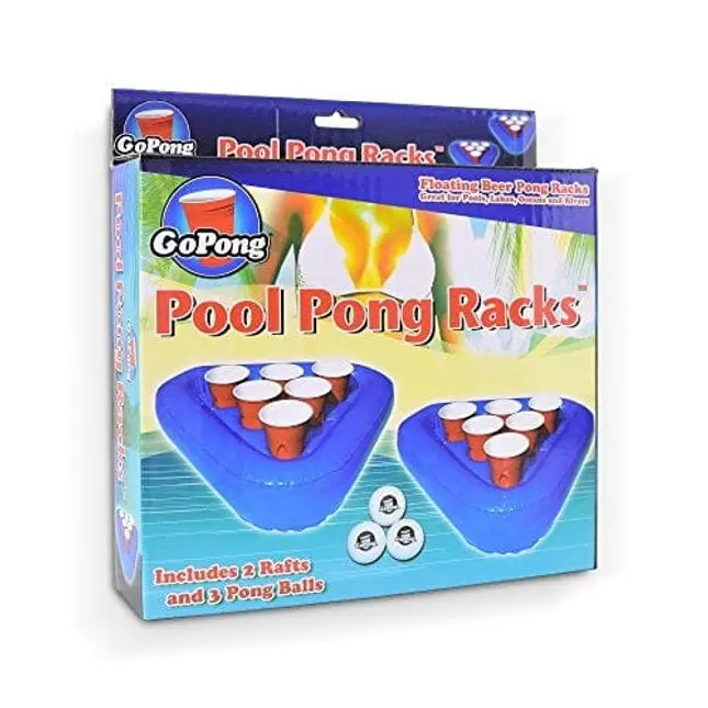GoPong Pool Pong Rack Floating Beer Pong Set, Includes 2 Rafts and 3 Pong Balls, Blue