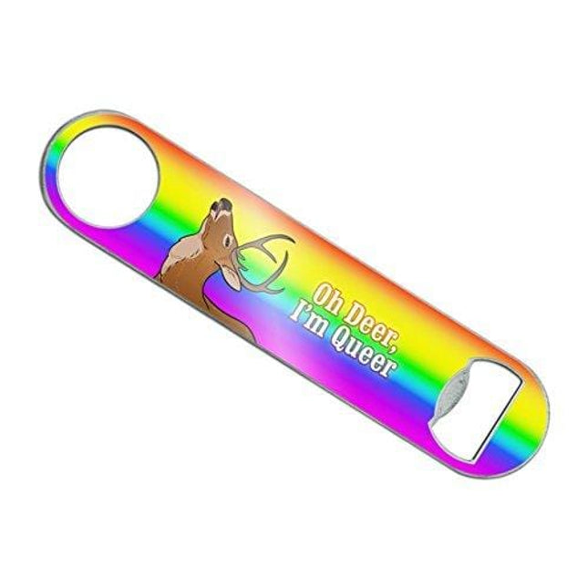 Oh Deer I'm Queer Rainbow Pride Gay Lesbian Funny Stainless Steel Vinyl Covered Flat Bartender Speed Bar Bottle Opener