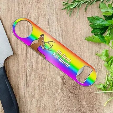 Oh Deer I'm Queer Rainbow Pride Gay Lesbian Funny Stainless Steel Vinyl Covered Flat Bartender Speed Bar Bottle Opener