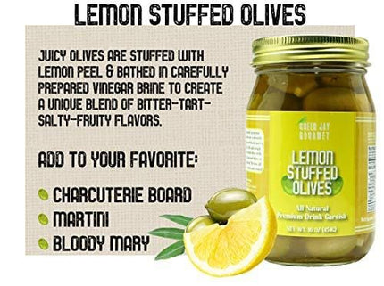 Green Jay Gourmet Lemon Stuffed Olives – Stuffed Green Olives for Cocktail Garnish & Cheese Board Recipes – Dirty Martini Olives & Cocktail Olives – Gourmet Olives – All Natural – Large – 16 Ounces