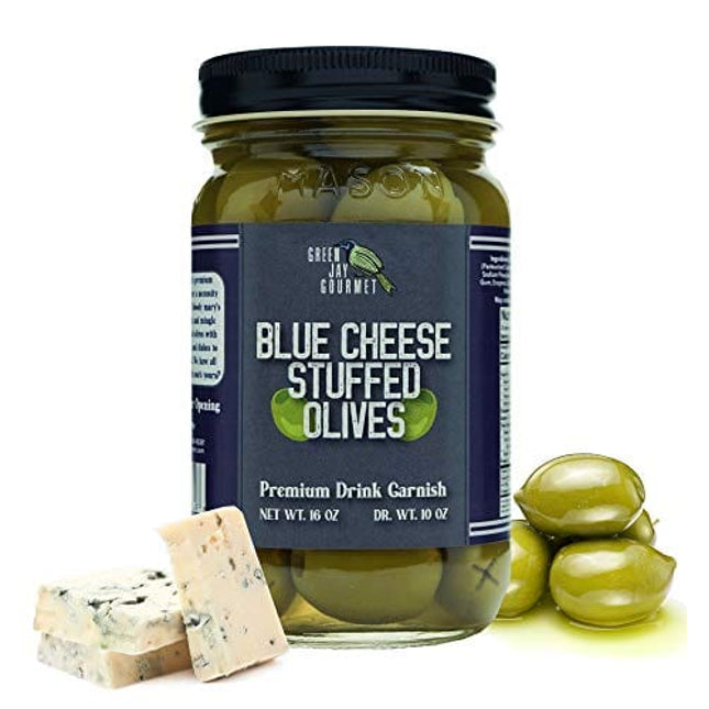 Green Jay Gourmet Blue Cheese Stuffed Olives – Cheese Stuffed Green Olives for Cocktail Garnish & Cheese Board – Dirty Martini Olives – Gourmet Olives – All Natural – Large – 16 Ounces