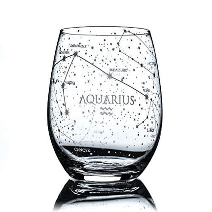 Greenline Goods Aquarius Stemless Wine Glass Etched Zodiac Aquarius Gift 15 oz (Single Glass) - Astrology Sign Constellation Tumbler