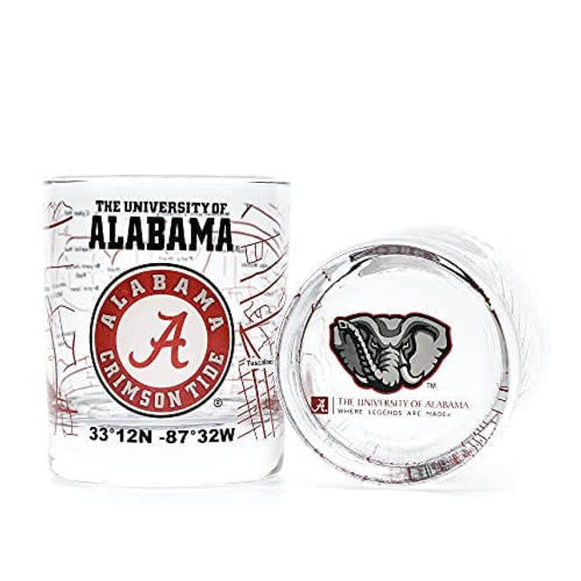 The University Of Alabama Whiskey Glass Set (2 Low Ball Glasses) - Contains Full Color Alabama Logo & Campus Map - Alabama Gift Idea for College Grads & Alumni - College Cocktail Glassware