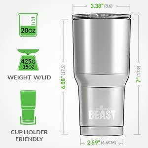 Beast 20 oz Tumbler Stainless Steel Vacuum Insulated Coffee Ice Cup Double Wall Travel Flask by Greens Steel (Aquamarine Blue)