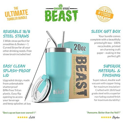 Beast 20 oz Tumbler Stainless Steel Vacuum Insulated Coffee Ice Cup Double Wall Travel Flask by Greens Steel (Aquamarine Blue)