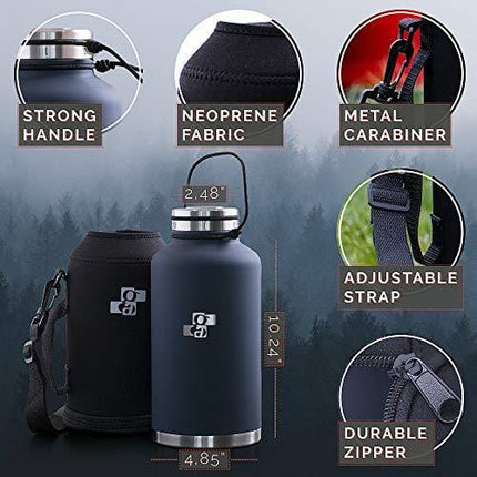 GA Beer Growler and Water Bottle 64 oz - Insulated Stainless Steel Vacuum Thermos Water Jug for Hot and Cold Beverages - Dark Blue with Black Neoprene Growler Carrier