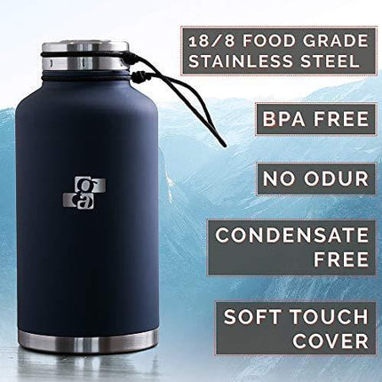 GA Beer Growler and Water Bottle 64 oz - Insulated Stainless Steel Vacuum Thermos Water Jug for Hot and Cold Beverages - Dark Blue with Black Neoprene Growler Carrier