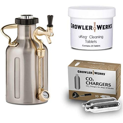GrowlerWerks uKeg Carbonated Growler 64oz Stainless Steel - 10 CO2 Chargers - 25 Cleaning Tablets