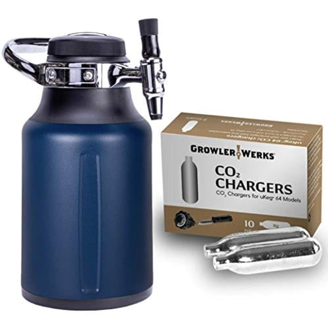 GrowlerWerks uKeg Go Carbonated Growler, 64oz, Midnight, 10 CO2 Chargers
