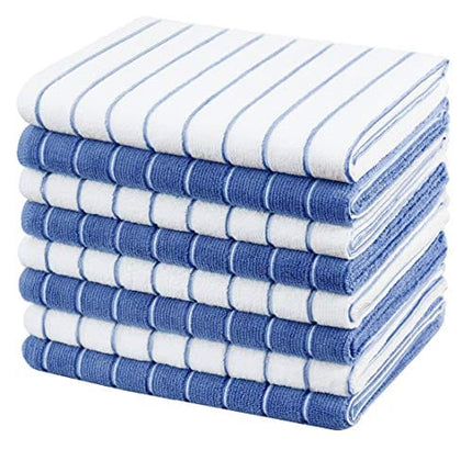 Gryeer Microfiber Kitchen Towels, Stripe Designed, Soft and Super Absorbent Dish Towels, Pack of 8, 18 x 26 Inch, Blue and White