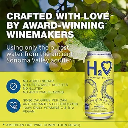 H2o (Limited Vintage) The World’s First California Non Alcoholic Wine - Infused Sparkling Refreshment, 0.0% Alcohol, (Sparkling Dry Moscato, Pack of 4, Pack of 4 - 16 Fl oz)