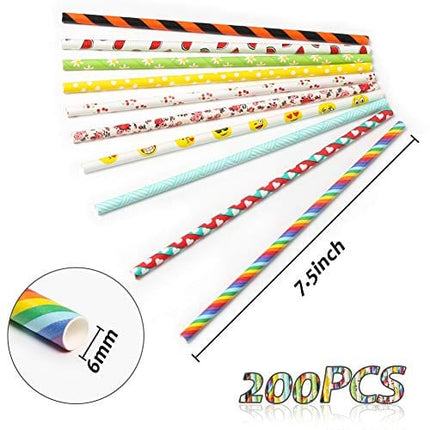 200Pack Biodegradable Paper Straws,10 Different Pattern Cute Cool Juices, Shakes, , Cake Pops, iced coffee,Party Supplies and DIY Decorations