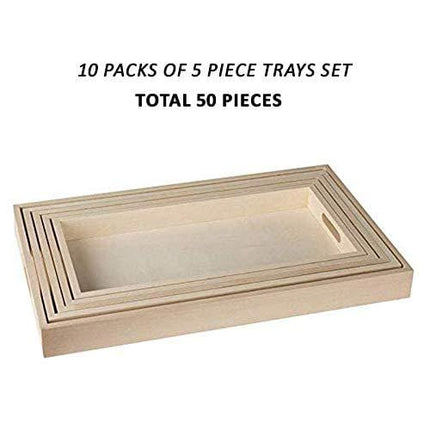 Hammont Wooden Nested Serving Trays - 10 Sets - Five Piece Set of Rectangular Shape Wood Trays for Crafts with Cut Out Handles | Kitchen Nesting Trays for Serving | (Total 50 Pieces)