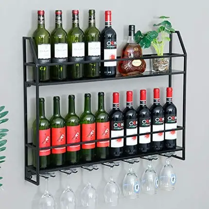 Industrial Wine Rack 20 Bottles Wall Mount Wine Cabinet with 7 Glasses Hook Hanging Metal Wine Rack Goblet Shelf for Home Bar Restaurant 31.5’’x4.7’’x24.5’’