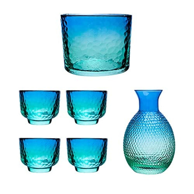 Japanese Sake Sets include 1 Sake Pot + 4 Sake Cups + 1 Bowl Tokkuri Bottle Ochoko Cups Decanter Carafe Set Glass Gifts for Saki Lover Party (blue)