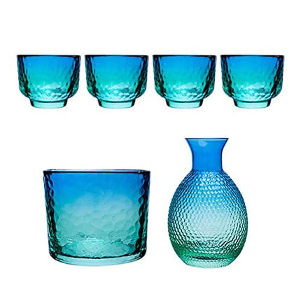 Japanese Sake Sets include 1 Sake Pot + 4 Sake Cups + 1 Bowl Tokkuri Bottle Ochoko Cups Decanter Carafe Set Glass Gifts for Saki Lover Party (blue)