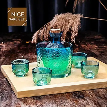 Japanese Sake Sets include 1 Sake Pot + 4 Sake Cups + 1 Bowl Tokkuri Bottle Ochoko Cups Decanter Carafe Set Glass Gifts for Saki Lover Party (blue)