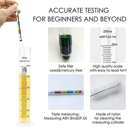 Triple Scale Alcohol Hydrometer(2 pcs)and Test Jar for Home Brew, Wine, Beer, Mead, Cider & Kombucha - Combo Set of 250ml Plastic Cylinder, Cleaning Brush, Storage Bag - ABV, Brix and Gravity Test Kit