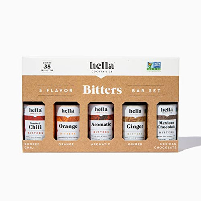 Hella Cocktail Co. 5-Pack Bitters Bar Set (8.5 Fl Oz Total) - Craft Aromatic, Orange, Ginger, Mexican Chocolate, and Smoked Chili Cocktail Bitters