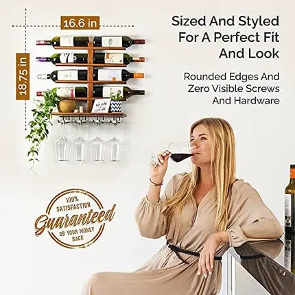Wine Rack Wall Mounted with Shelf for 8 Wine Bottles & Glasses - Wood Rustic Wine Glass Floating Rack with Stemware Hanger. Wine Decor and Storage Holder for Kitchen, Living Room & Bar