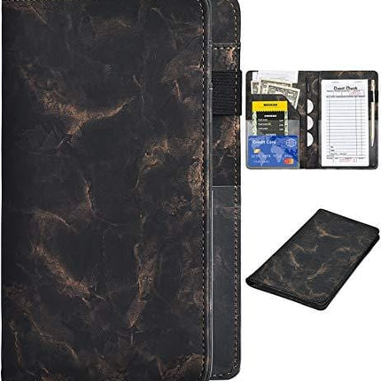 Server Books for Waitress -Marble Texture Leather Waiter Book Server Wallet with Zipper Pocket, Cute Waitress Book&Waitstaff Organizer with Money Pocket Fit Server Apron (Black Gold)