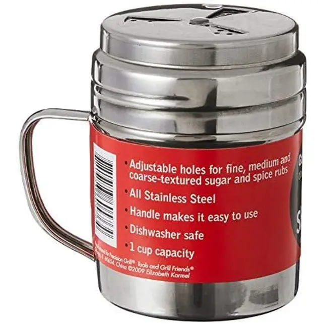 Elizabeth Karmel’s Adjustable Dry Rub Shaker with Holes for Medium and Coarse Grind Seasonings, Stainless Steel, 1-Cup Capacity