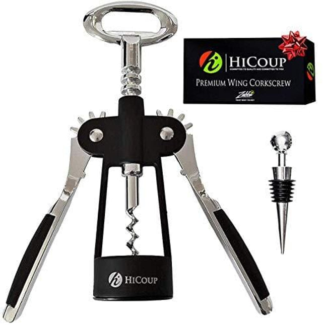HiCoup Wine Corkscrew & Bottle Opener - Easy To Use, All-In-One Beer And Wine Bottle Openers w/ Stopper - Wing Cork Screw Grip (Chrome And Matte Black)